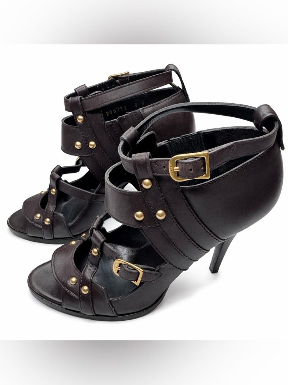 Gucci Heels Sandals Brown Leather Studded Strappy Ankle Strap Womens Sz 8B 4”